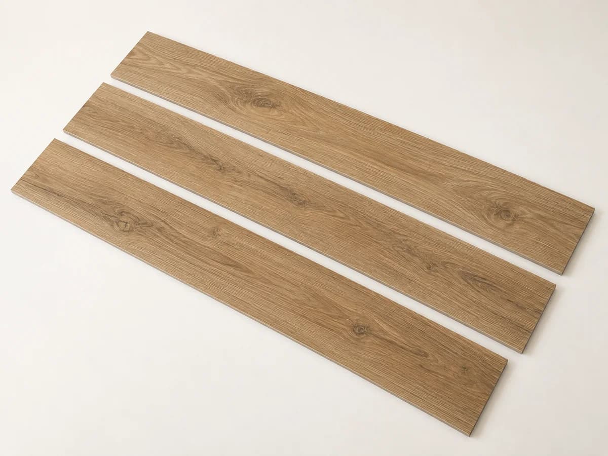 Three warm oak-look porcelain tile samples.