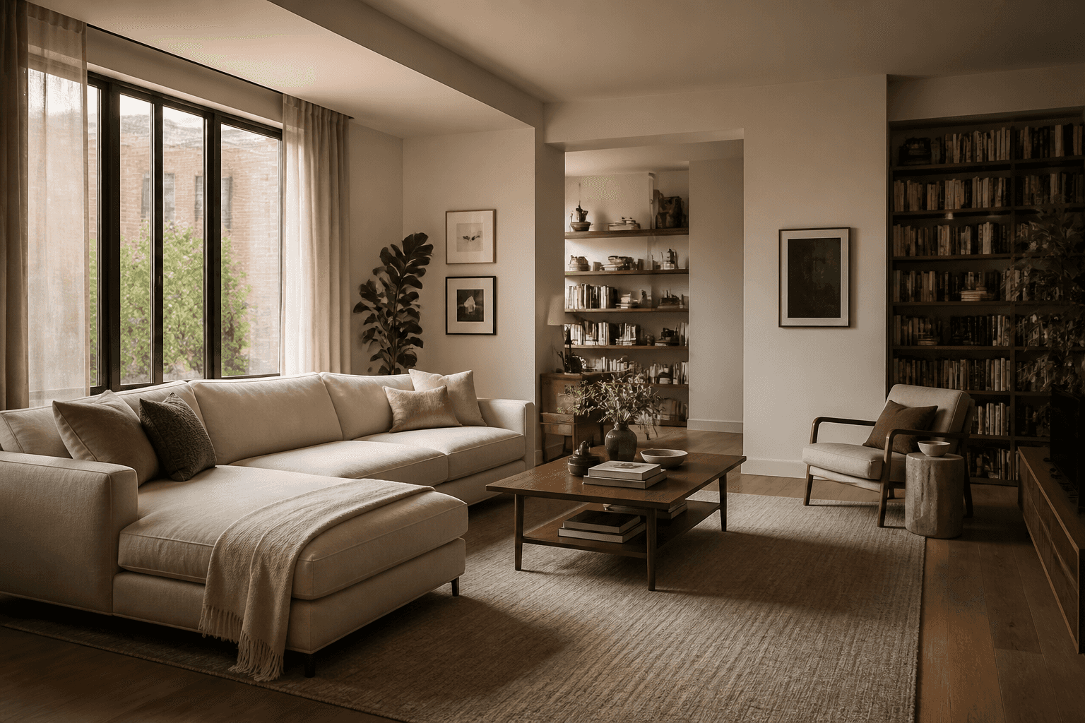 Warm modern living room with natural materials