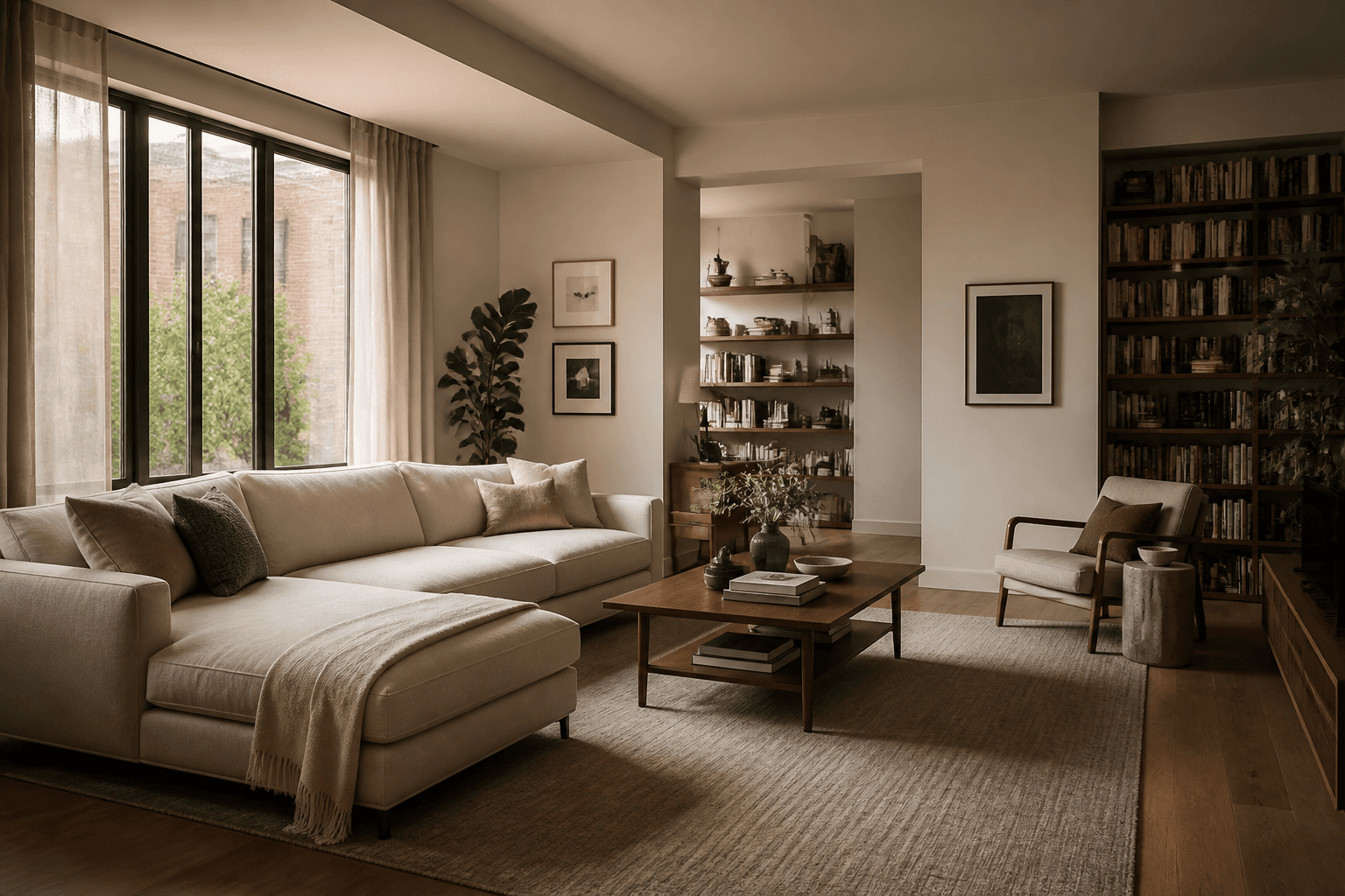Warm modern living room with natural materials