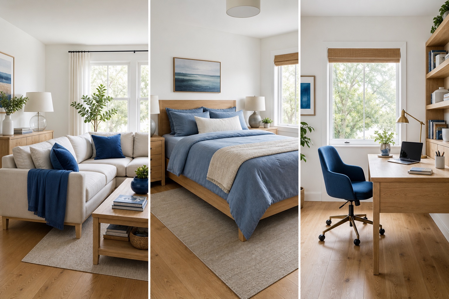 Wohnzimmer, Schlafzimmer und Arbeitszimmer, verbunden durch helle Eiche und blaue Akzente.