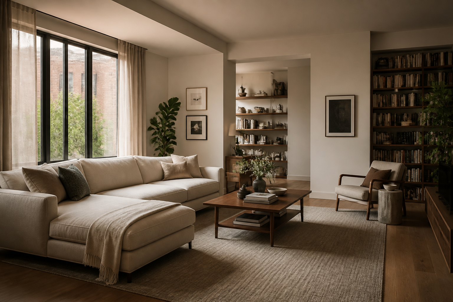 Salón moderno y acogedor con materiales naturales