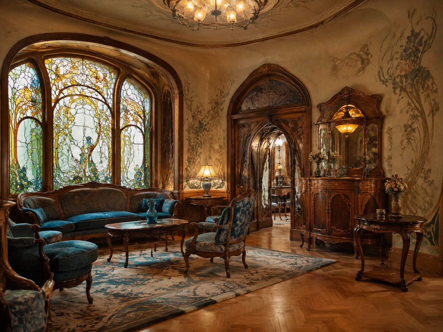 Botanical glass and curved woodwork carry the decoration through the room.