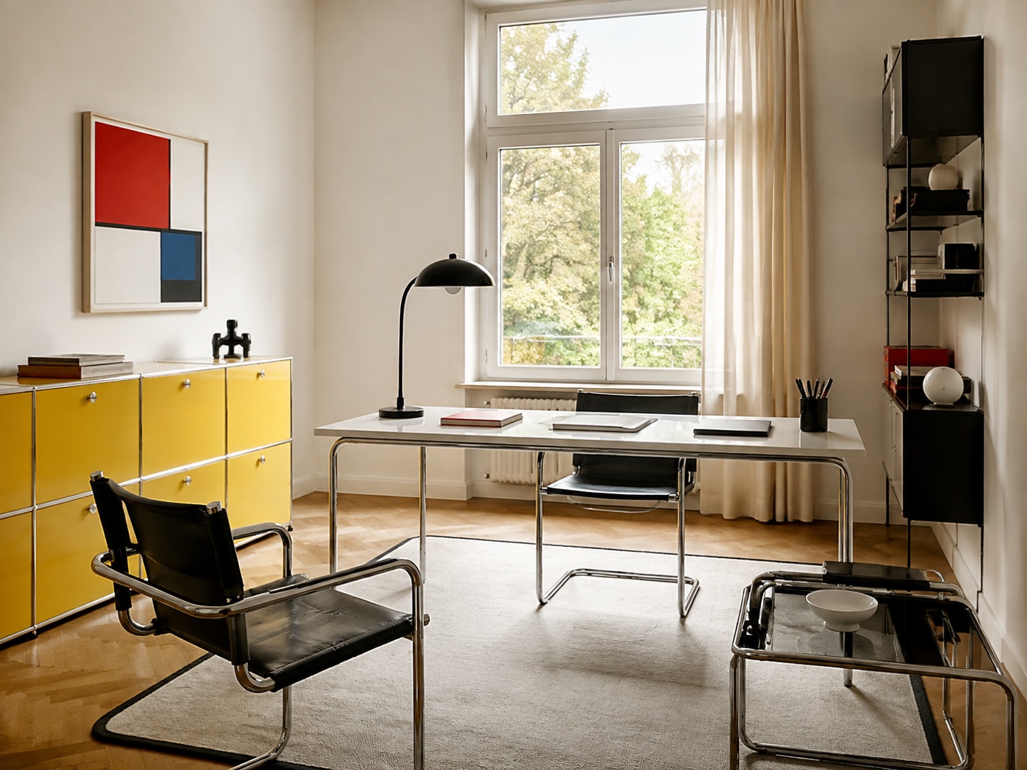 Visible chair frames, a simple desk and geometric color accents organize the study.