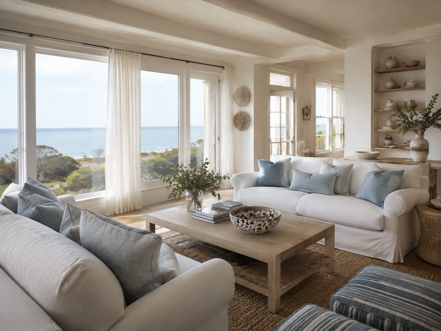 Light upholstery, soft blue accents and woven textures give this room its coastal direction.