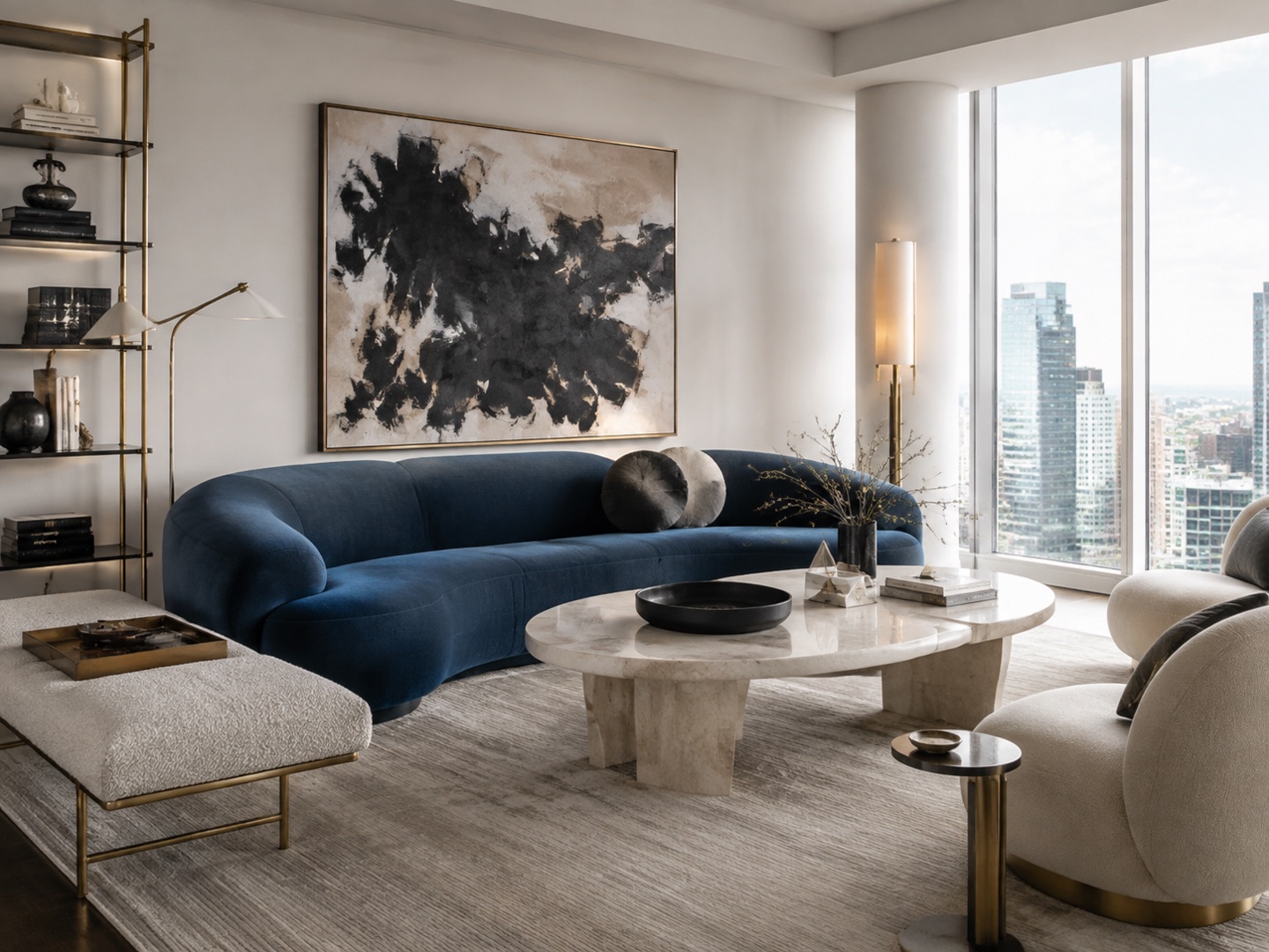 Rounded upholstery and a sculptural table establish the room's main shapes.