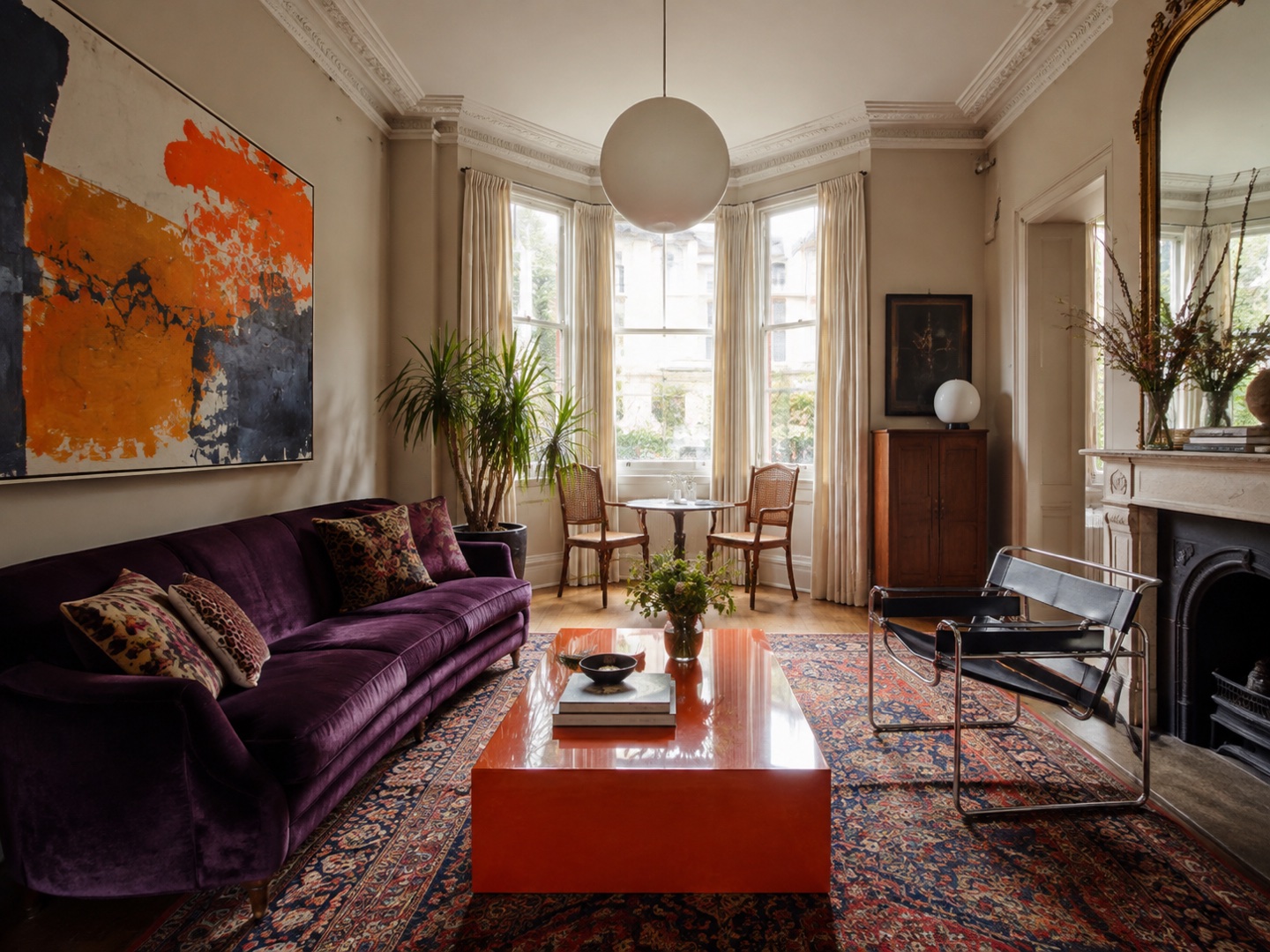 Bold art and contrasting furniture introduce different influences into a traditional-looking setting.