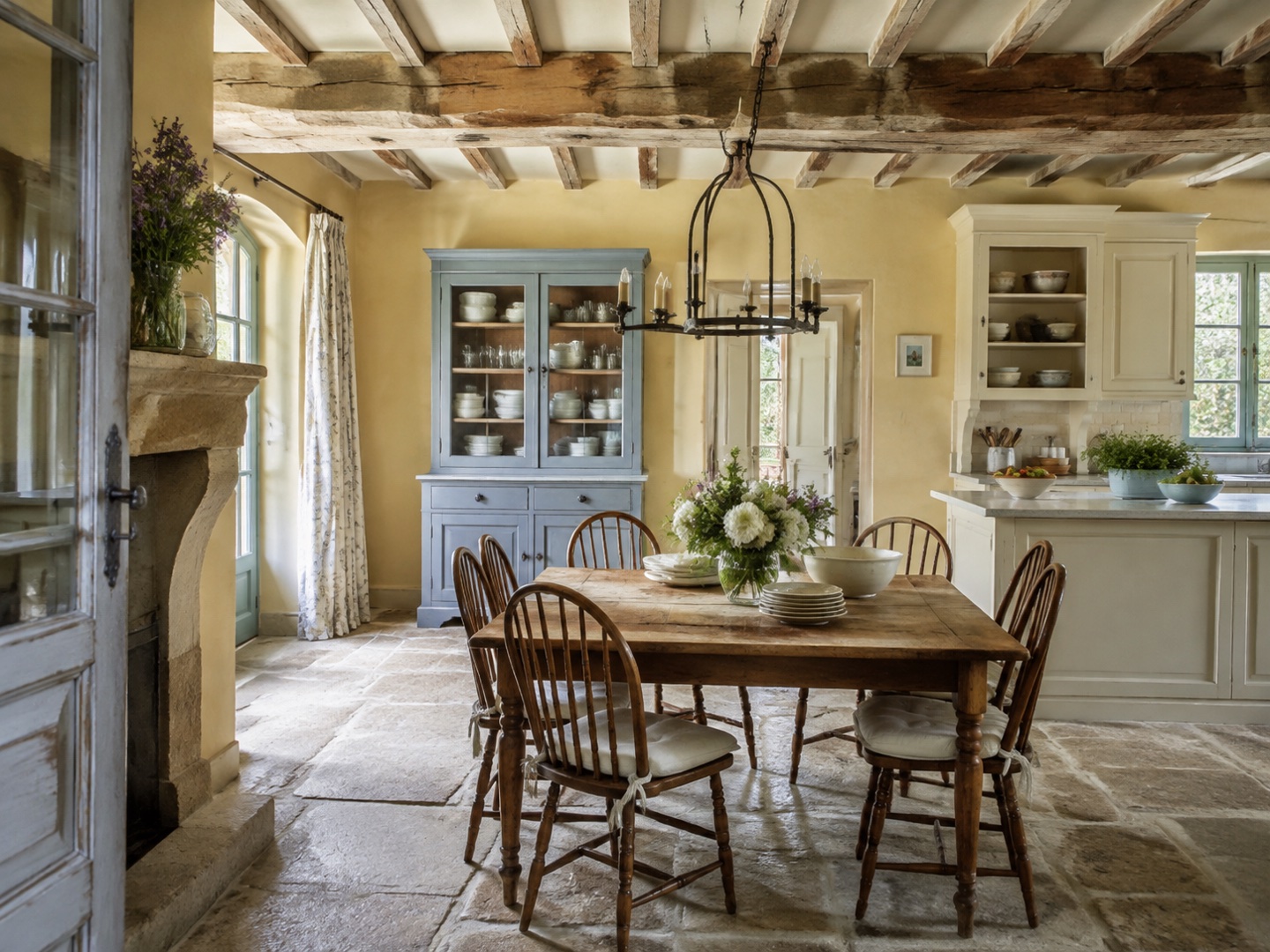 Traditional furniture, exposed timber and soft colors combine refined detail with rustic texture.