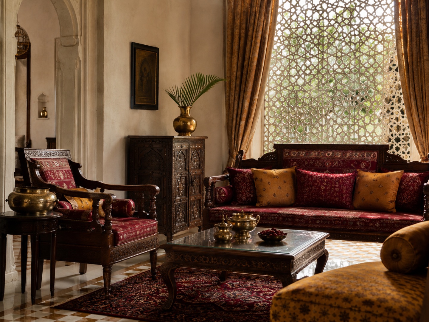 Carved furniture, rich textiles and metal details appear in this interpretation of traditional influences.