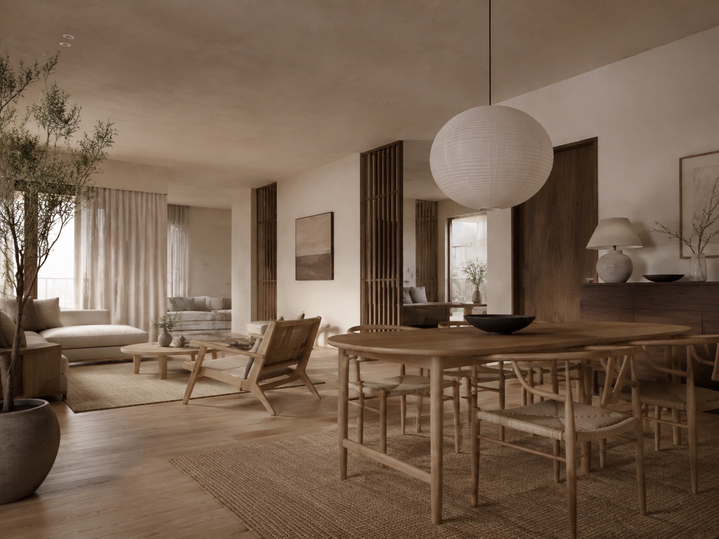 Wood, simple furniture and limited decoration give the room a restrained arrangement.