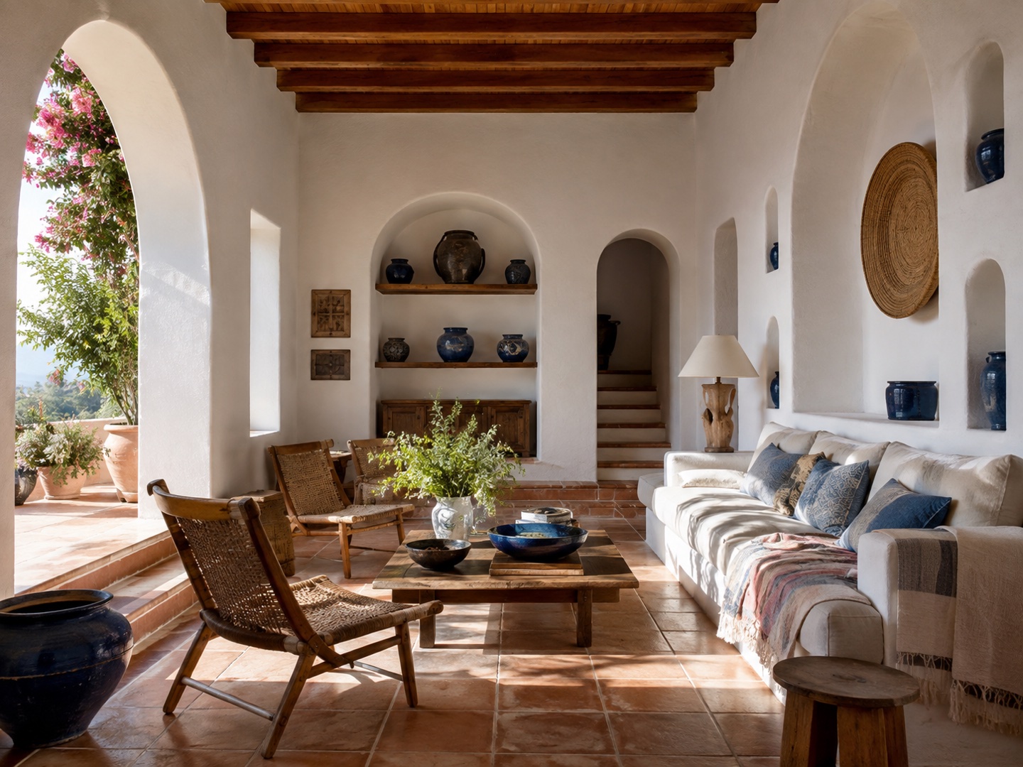 Pale walls, warm flooring, timber and woven details create an earthy material palette.
