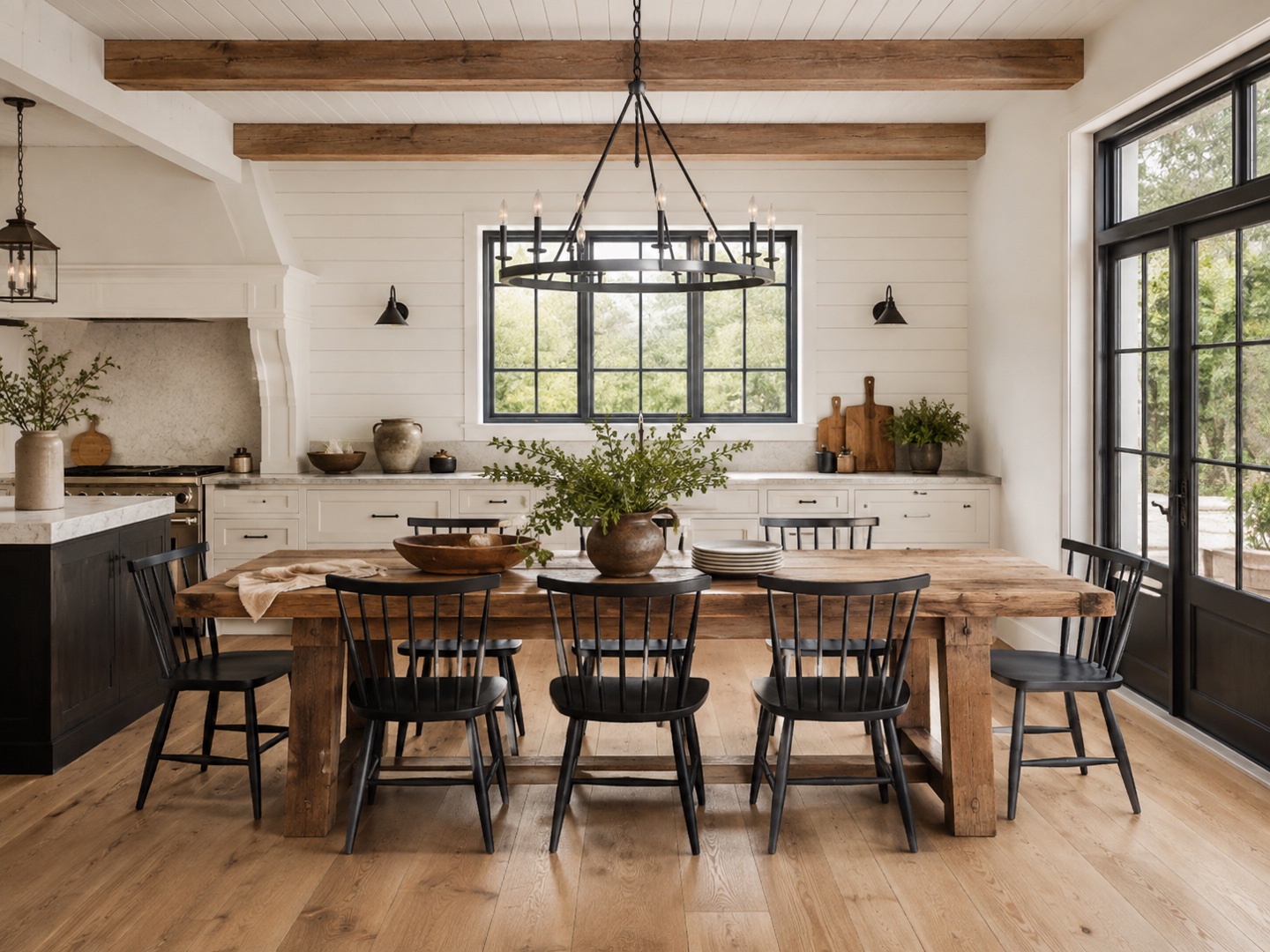 A substantial wooden dining table pairs with simpler dark chairs in a restrained setting.