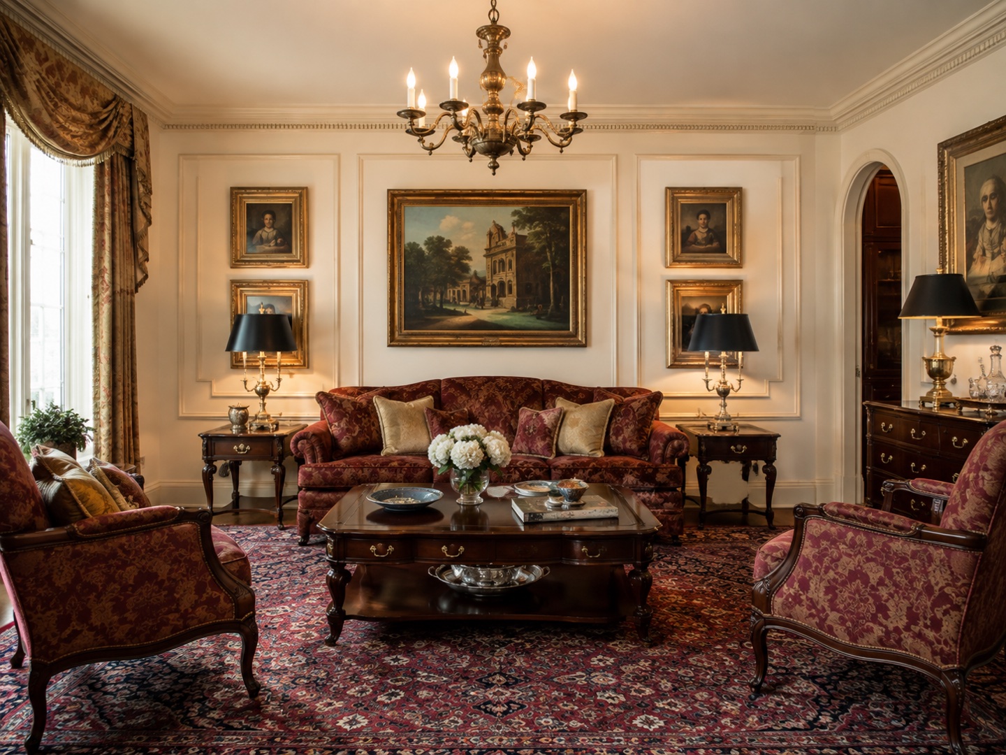 A balanced arrangement, framed art and detailed furnishings give this room a formal character.