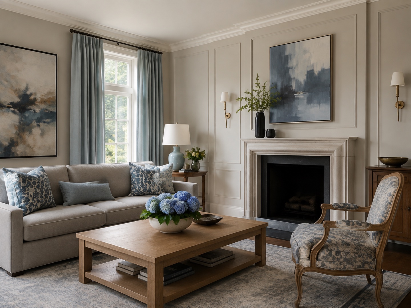 Restrained upholstery sits alongside traditional architectural details.