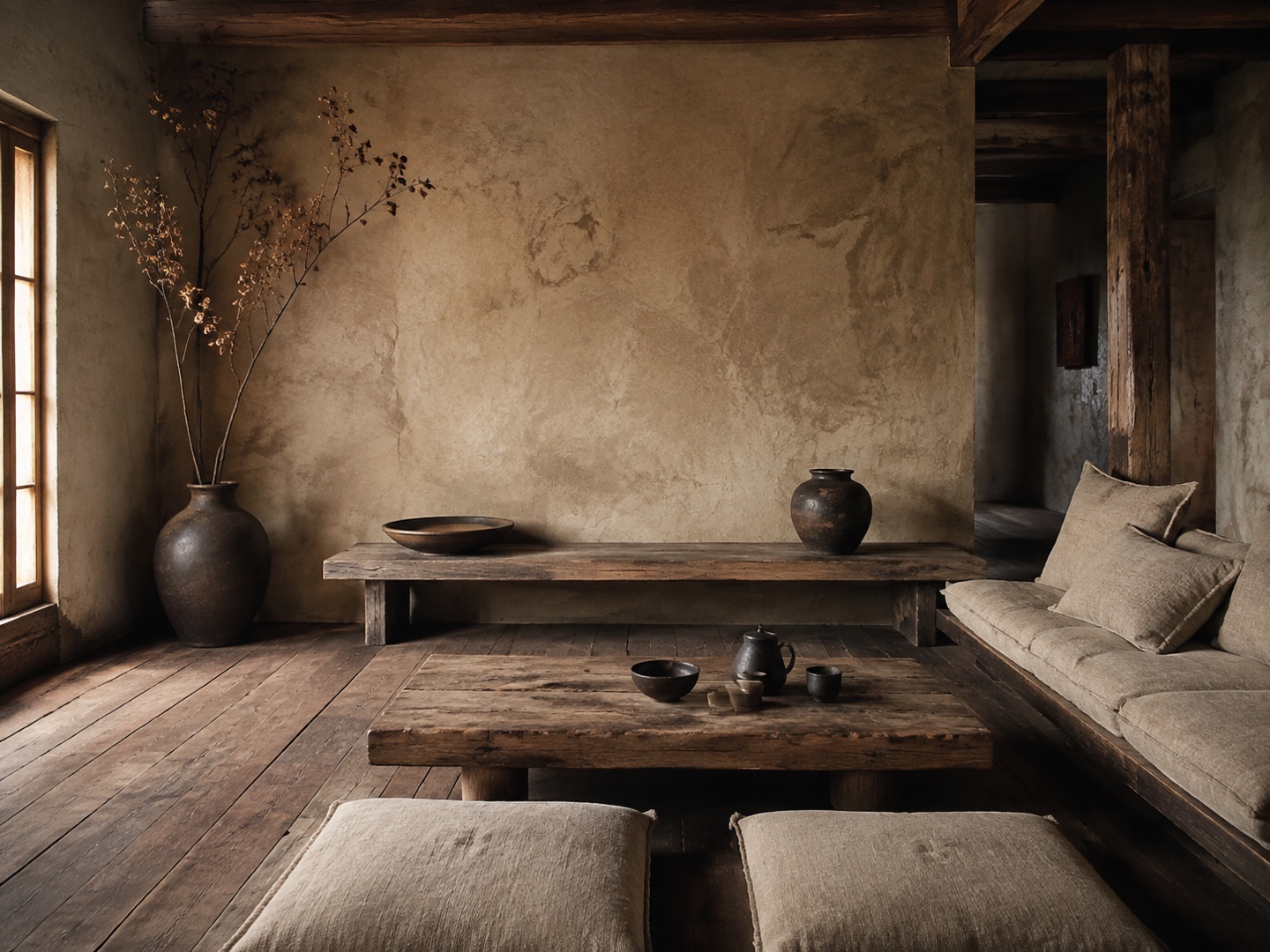 Uneven surfaces, simple furniture and visible wear draw attention to material character.